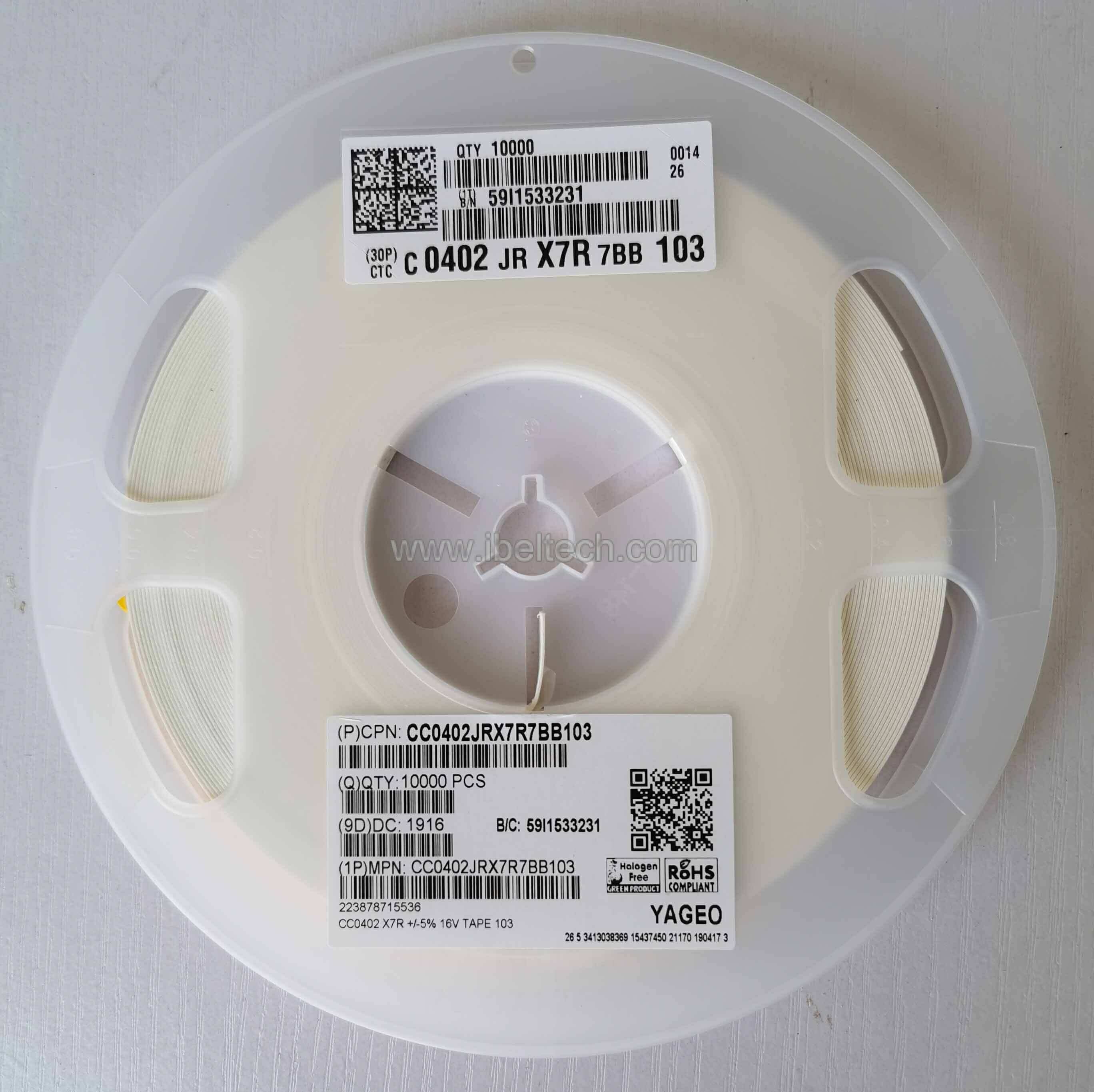 YAGEO MLCC 0402 0.01uF 16V X7R 5%  CC0402JRX7R7BB103 cameric capacitor